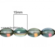 Стеклянная бусина овал "Радужная" зелёная с переливом, 15*10 мм, 1.1 мм (2 шт)