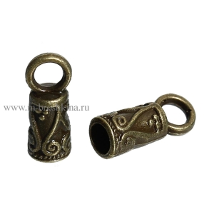 Концевик для шнура "Завитки" античная бронза, 14х5.5 мм, 3.4 мм