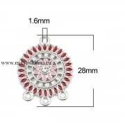 Коннектор в стиле этно "Мандала" серебро, красно-белая эмаль, 28х22 мм (2 шт)