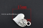 Подвеска "Роза на сердце" античное серебро, 15х11 мм (2 шт)