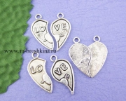 Подвеска двойная "Сердце LOVE" античное серебро, 31х14 мм, за 2 части