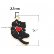 Подвеска золото "Котенок с сердцем", эмаль черная, 30х15 мм