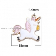 Подвеска с эмалью "Единорог" белая, розовая, 18х18 мм