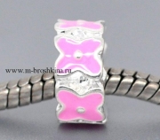 Бусина Пандора серебряная "Цветы" эмаль розовая, 11х5 мм