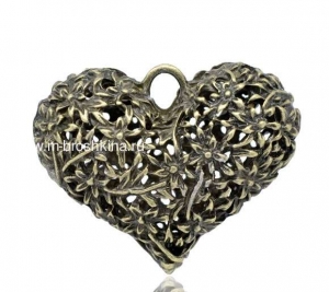 Подвеска объемная "Сердце цветочное" бронза, 41х33 мм | подвески металлические