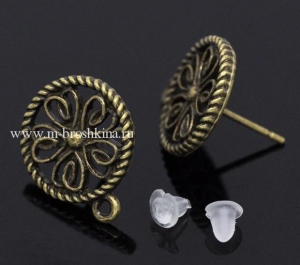Гвоздики для сережек "Круг и цветок" античная бронза, 17х13 мм | купить гвоздики для серег