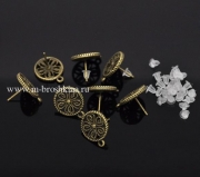 Гвоздики для сережек "Круг и цветок" античная бронза, 17х13 мм