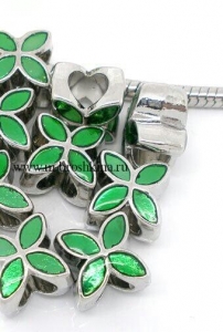 Пандора бусина "Цветок" серебро, эмаль зеленая, 13х10 мм, 5.2 мм | купить бусины Pandora