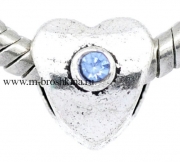 Шарм с фианитами "Искристое сердце" античное серебро, светло-голубой, 10х9 мм (2 шт)