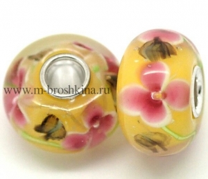 Шарм-подвеска лэмпворк "Восхищение - цветы и бабочки" желтая, розовая, 14х9 мм | купить бусины в стиле Pandora