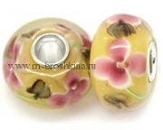 Шарм-подвеска лэмпворк "Восхищение - цветы и бабочки" желтая, розовая, 14х9 мм