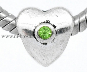 Шарм с фианитами "Искристое сердце" античное серебро, зеленый, 10х9 мм | купить шармы подвески