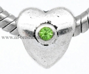 Шарм с фианитами "Искристое сердце" античное серебро, зеленый, 10х9 мм (2 шт)