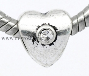 Шарм с фианитами "Искристое сердце" античное серебро, прозрачный, 10х9 мм | купить шармы подвески