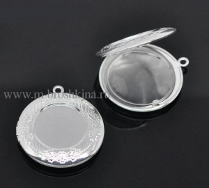 Медальон для фотографии "Винтаж" серебряный, 36х32 мм, 20 мм - рамка для кабошона | подвески металлические